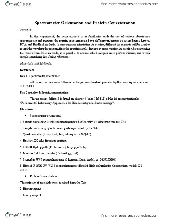 COMM 1076 Lecture Notes - Lecture 1: Shimadzu Corp., Biuret, Spectrophotometry thumbnail