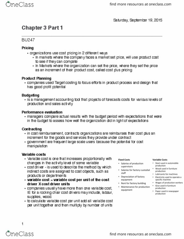 BU247 Chapter Notes - Chapter 3: Cost Driver, Target Costing, Variable Cost thumbnail