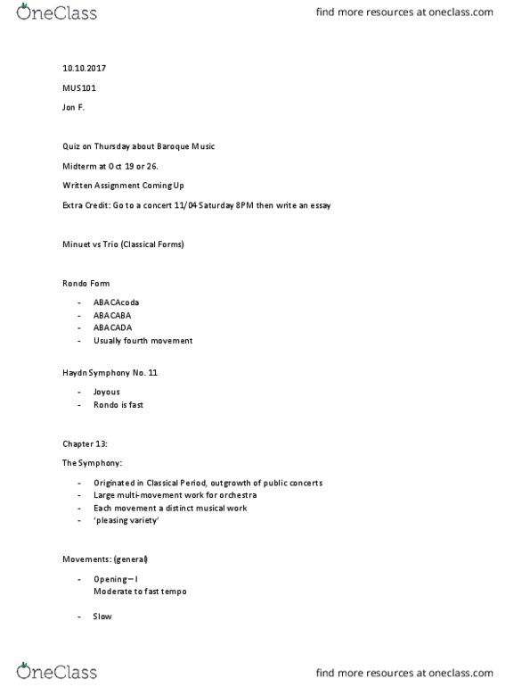 MUS 101 Lecture Notes - Lecture 12: Sonata Form thumbnail