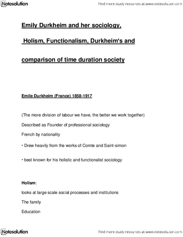 SOCI 1127 Lecture : Durkeim, holism, functionalism, comparison of time society.docx thumbnail