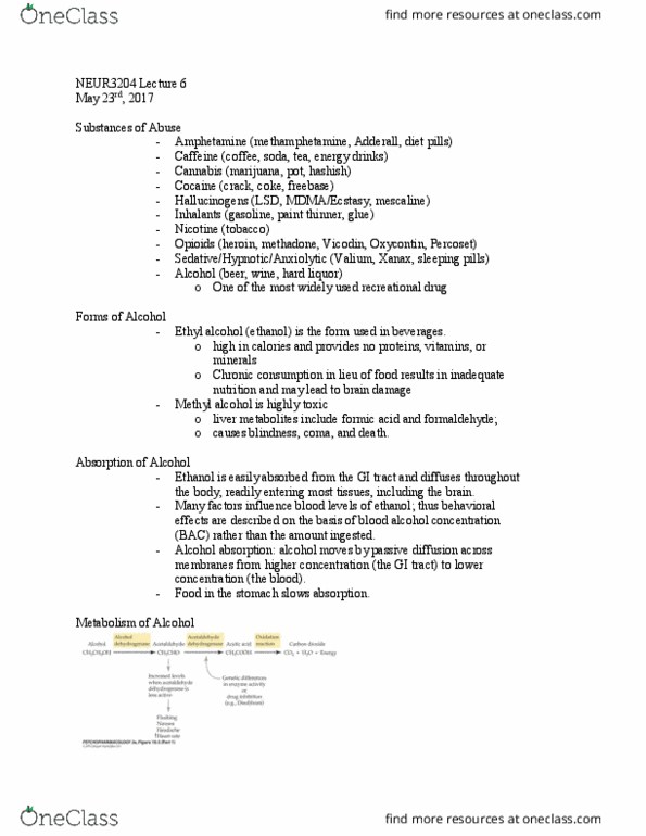 NEUR 3200 Lecture Notes - Lecture 5: Acetaldehyde Dehydrogenase, Alcohol Dehydrogenase, Ethanol thumbnail