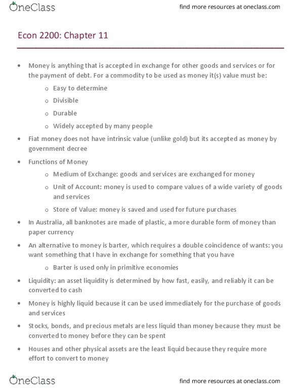 ECON 2200 Lecture Notes - Lecture 11: Loanable Funds, Barter, Divisor thumbnail