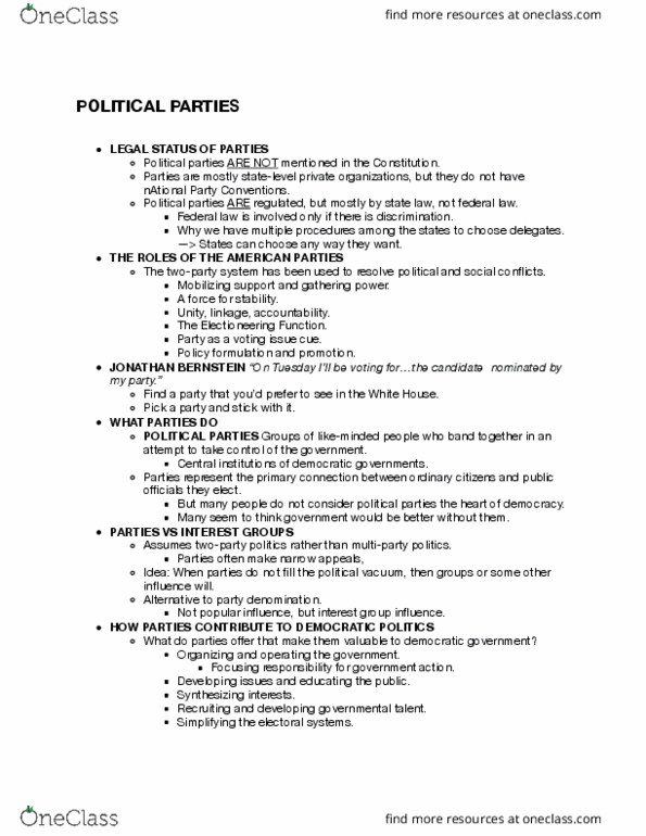 POLS 1336 Lecture Notes - Lecture 7: Party System thumbnail
