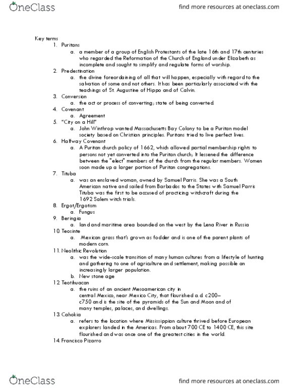 HIST 020 Lecture Notes - Lecture 1: Samuel Parris, Half-Way Covenant, Lena River thumbnail