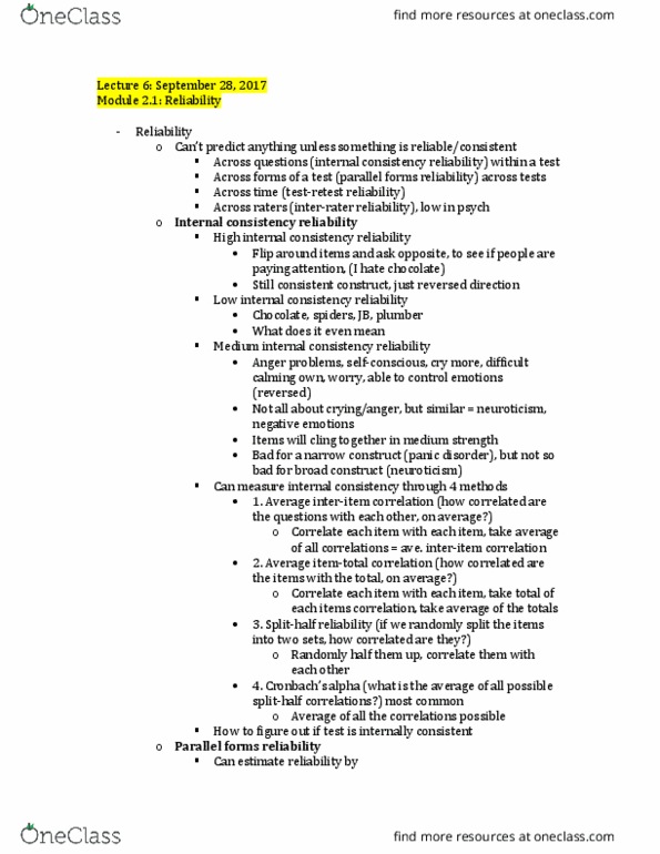 PSYC 406 Lecture Notes - Lecture 6: Inter-Rater Reliability, Internal Consistency, Observational Error thumbnail