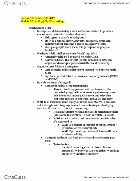 PSYC 406 Lecture Notes - Lecture 10: Wechsler Adult Intelligence Scale, Twin, Traumatic Brain Injury thumbnail