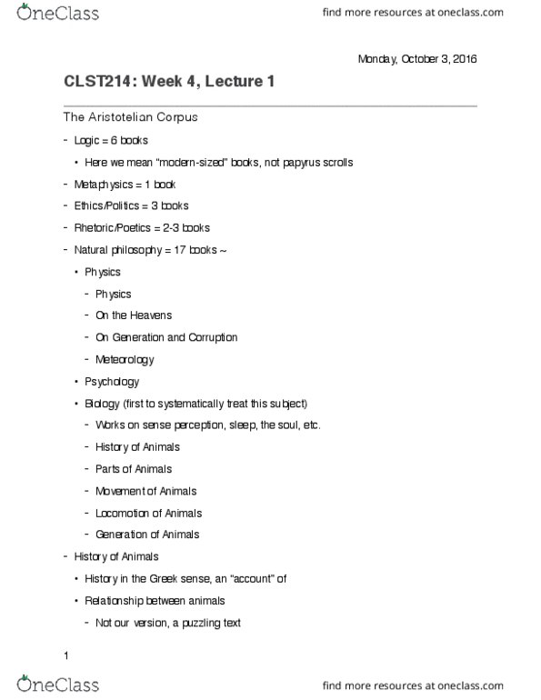 CLST 214 Lecture Notes - Lecture 10: Bipedalism, Carl Linnaeus, Mammal thumbnail