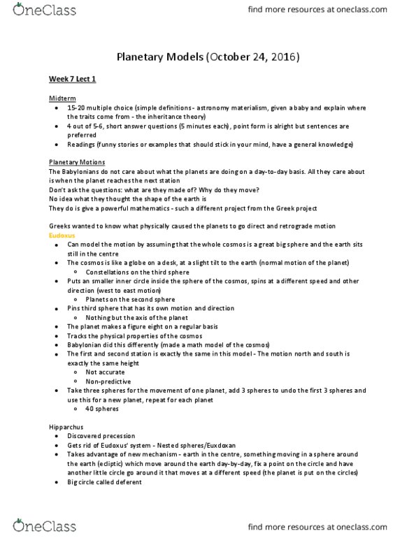 CLST 214 Lecture Notes - Lecture 19: Eudoxus Of Cnidus, Circle Of A Sphere, Deferent And Epicycle thumbnail