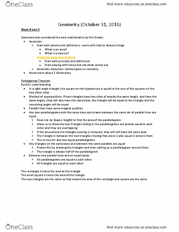 CLST 214 Lecture Notes - Lecture 22: Pythagorean Theorem, Parallelogram, Hypotenuse thumbnail