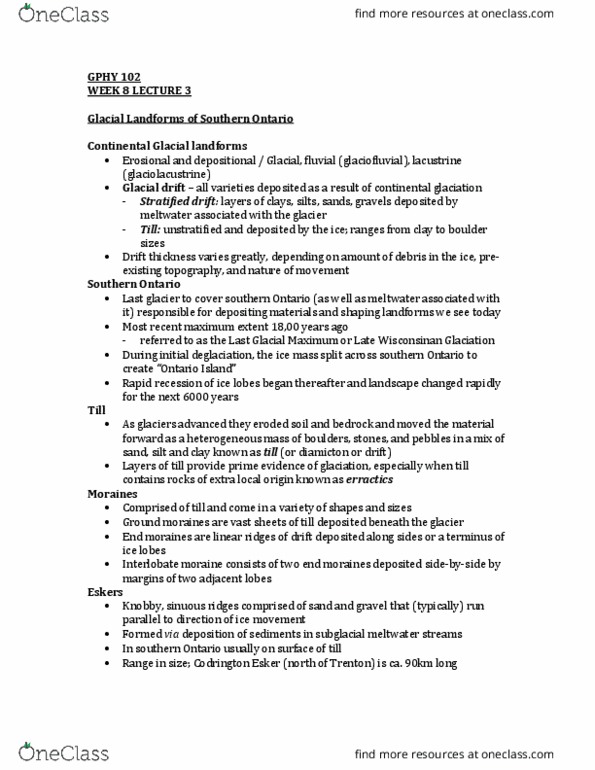 GPHY 102 Lecture Notes - Lecture 24: Wisconsin Glaciation, Last Glacial Maximum, Glacial Landform thumbnail