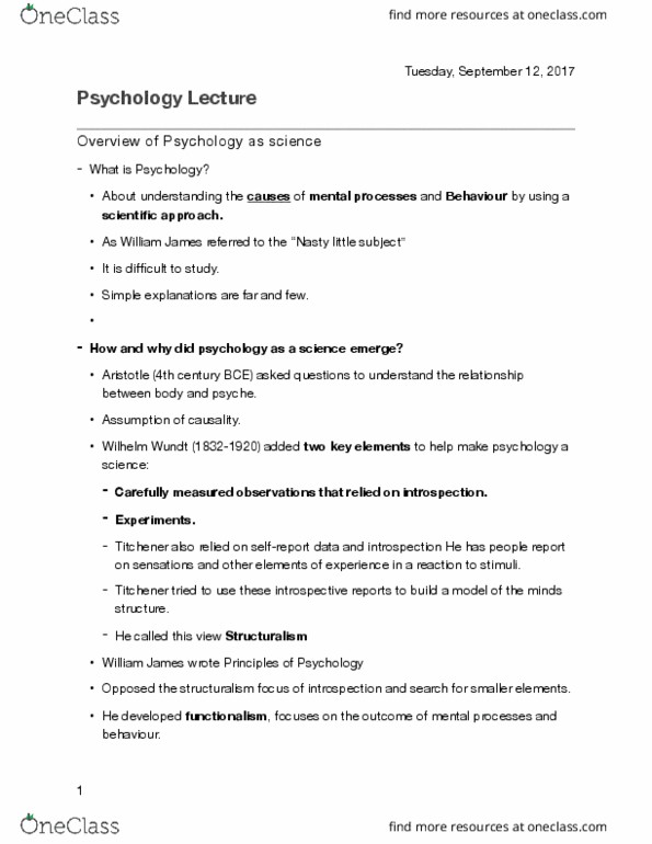 PSYC 1000 Lecture Notes - Lecture 1: Wilhelm Wundt, Edward B. Titchener, Behaviorism thumbnail