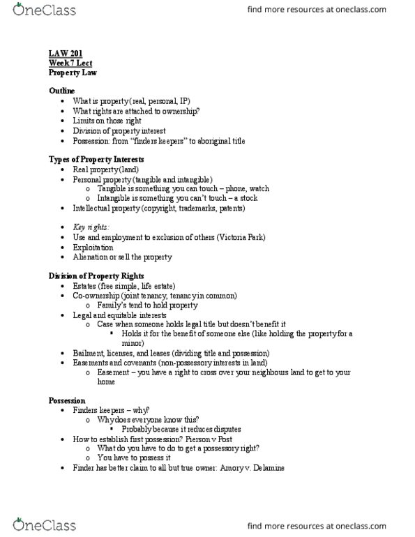 LAW 201 Lecture Notes - Lecture 7: Easement, Nonpossessory Interest In Land, Life Estate thumbnail