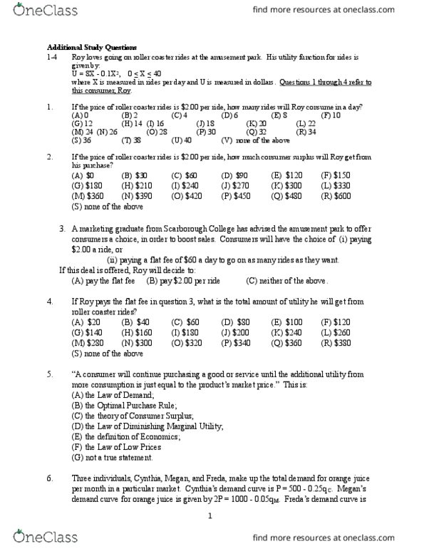 Mgea02h3 Study Guide Fall 16 Quiz Demand Curve Economic Surplus Utility