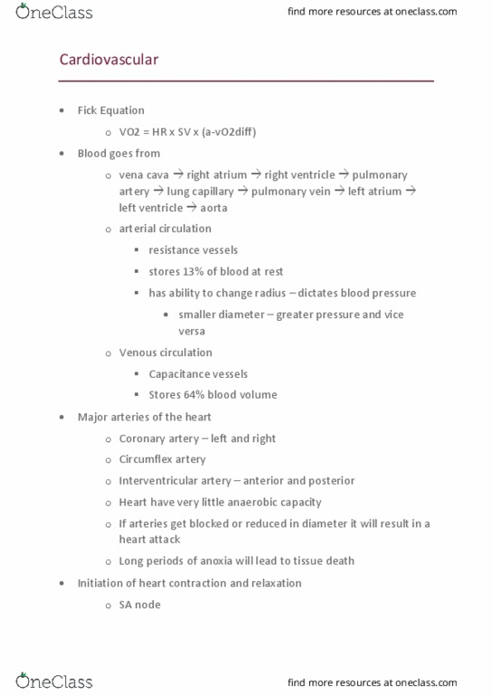 Kinesiology 2230A/B Lecture Notes - Lecture 20: Tachycardia, Bradycardia, Pulmonary Artery thumbnail