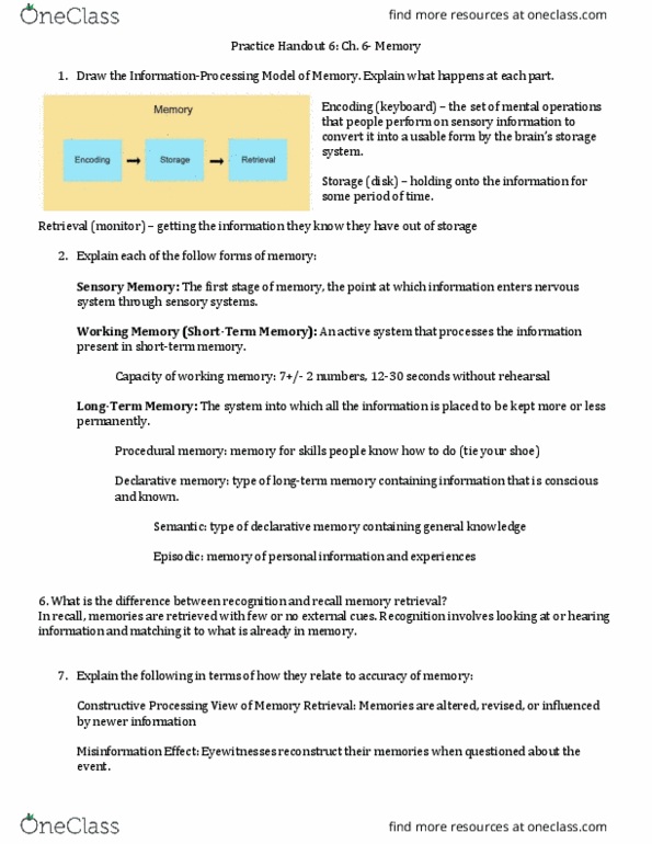 PSYC-101 Lecture Notes - Lecture 6: Explicit Memory, Procedural Memory, Anterograde Amnesia thumbnail