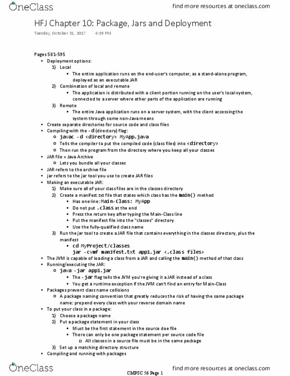 CMPSC 56 Chapter Notes - Chapter 17: Manifest File, Javac thumbnail