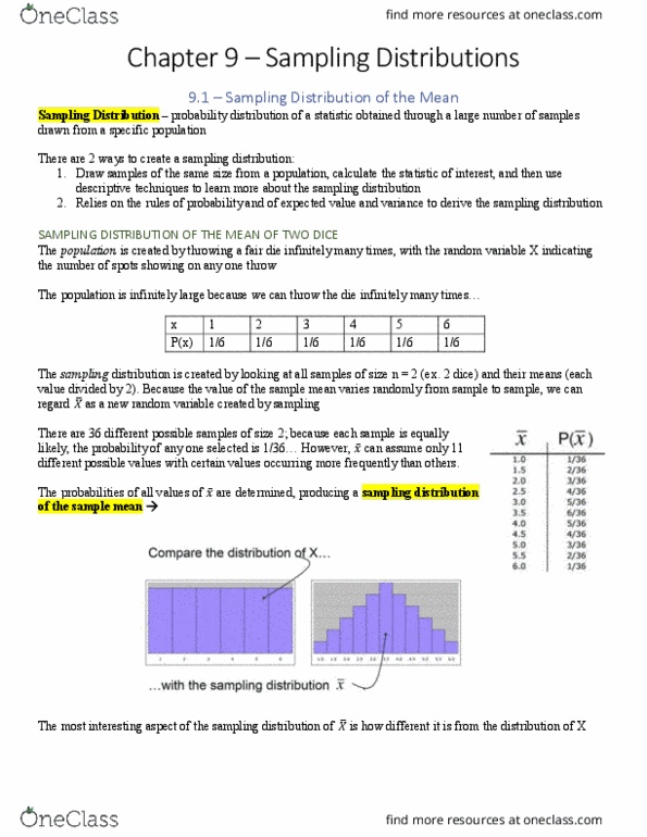 COMM-1057EL Chapter Notes - Chapter 9: Sampling Distribution, Random Variable, Standard Deviation thumbnail