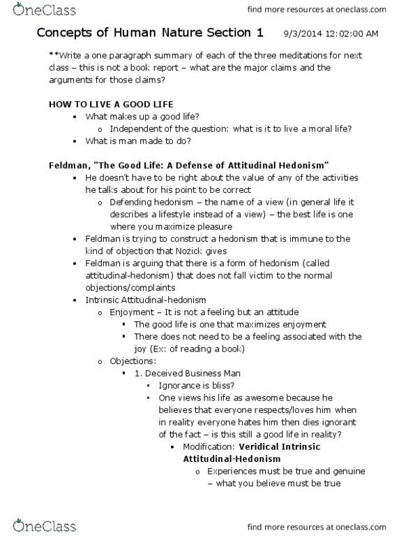 PHIL 012 Lecture Notes - Lecture 3: The Good Life, Experience Machine, Monism thumbnail