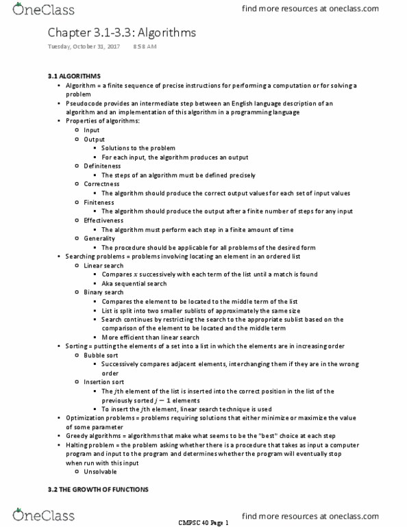 CMPSC 40 Chapter Notes - Chapter 3.1-3.3: Insertion Sort, Linear Search, Halting Problem thumbnail