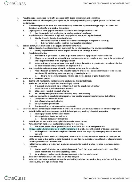 BISC 313 Lecture Notes - Lecture 6: Metapopulation, Habitat Fragmentation, Logistic Function thumbnail