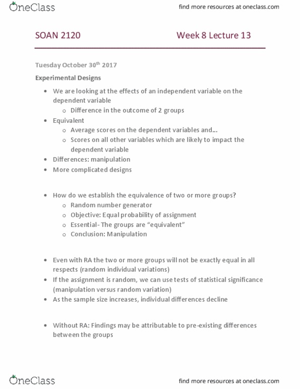 SOAN 2120 Lecture Notes - Lecture 13: Random Number Generation, Random Assignment, Statistical Significance thumbnail