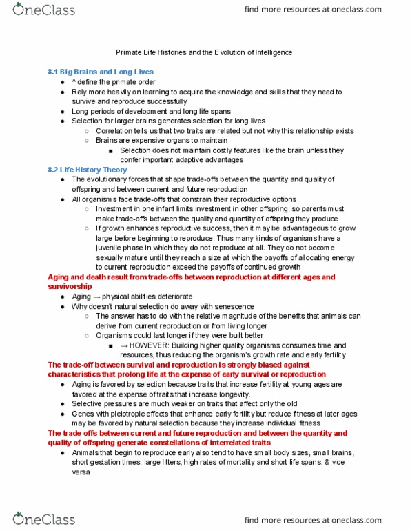 ANTHRO 7 Chapter Notes - Chapter 8: Pleiotropy, Senescence, Group Selection thumbnail