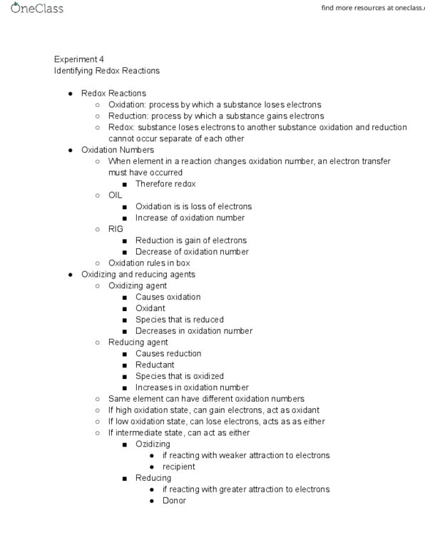 L07 Chem 151 Chapter Notes - Chapter 4 Identifying Redox Reactions: Oxidation State, Oxidizing Agent, Reducing Agent thumbnail