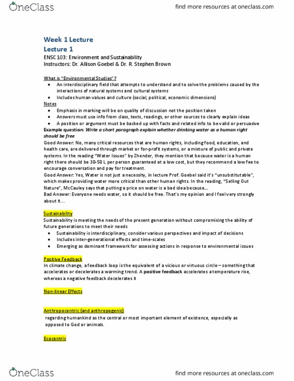 ENSC 203 Lecture Notes - Lecture 1: Virtuous Circle And Vicious Circle, Ecocentrism, Deep Ecology thumbnail