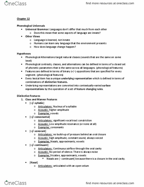 LING 221 Chapter Notes - Chapter 12: Underlying Representation, Lexical Item, Vocal Tract thumbnail