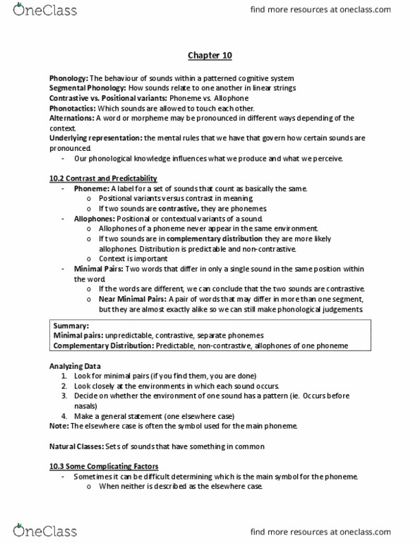 LING 221 Chapter Notes - Chapter 10: Complementary Distribution, Underlying Representation, Phoneme thumbnail