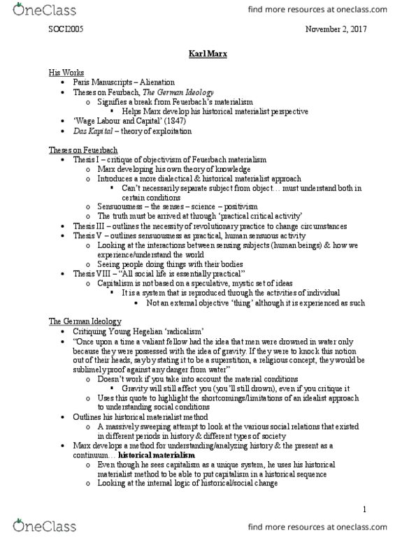 SOCI 2005 Lecture Notes - Lecture 8: The Communist Manifesto, Labour Power, Class Conflict thumbnail