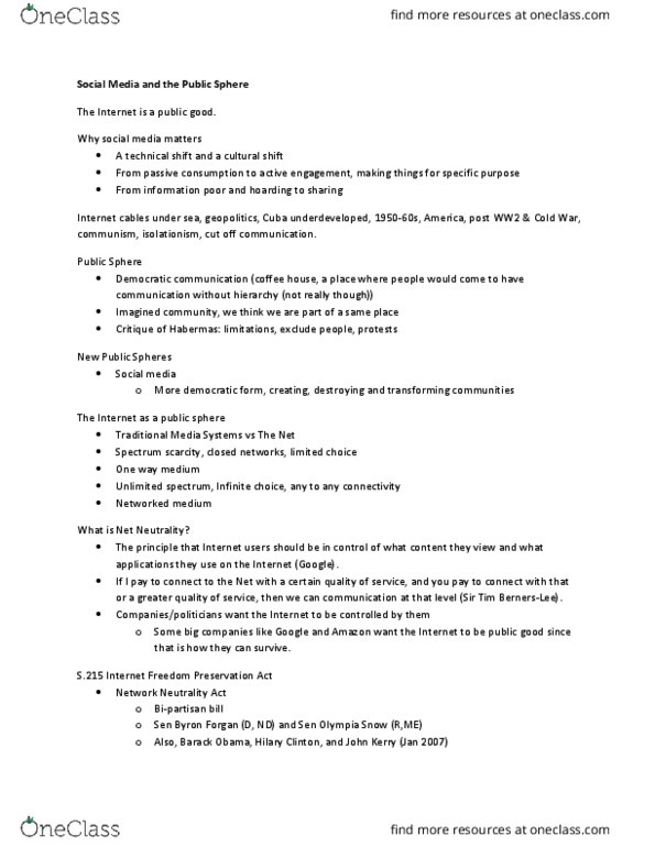 CMNS 353 Lecture Notes - Lecture 4: Olympia Snowe, Net Neutrality In The United States, Hillary Clinton thumbnail