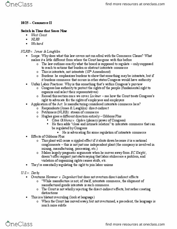 PSC 4361 Lecture Notes - Lecture 19: Commerce Clause, Truism, National Labor Relations Board thumbnail