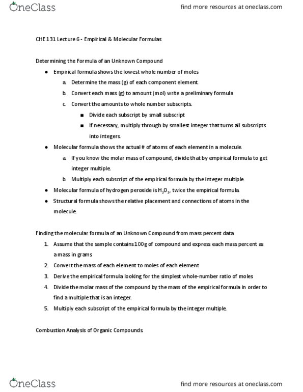 CHE 131 Lecture Notes - Lecture 6: Chemical Formula, Empirical Formula, Molar Mass thumbnail