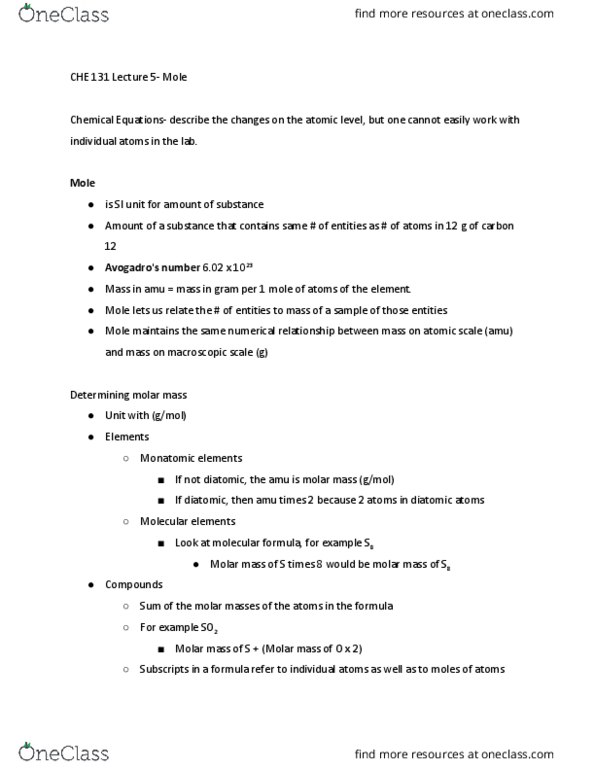 CHE 131 Lecture Notes - Lecture 5: Unified Atomic Mass Unit, Chemical Formula, Molar Mass thumbnail