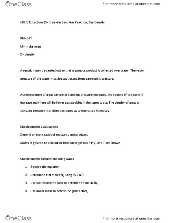 CHE 131 Lecture Notes - Lecture 15: Molar Volume, Molar Mass, Mole Fraction thumbnail