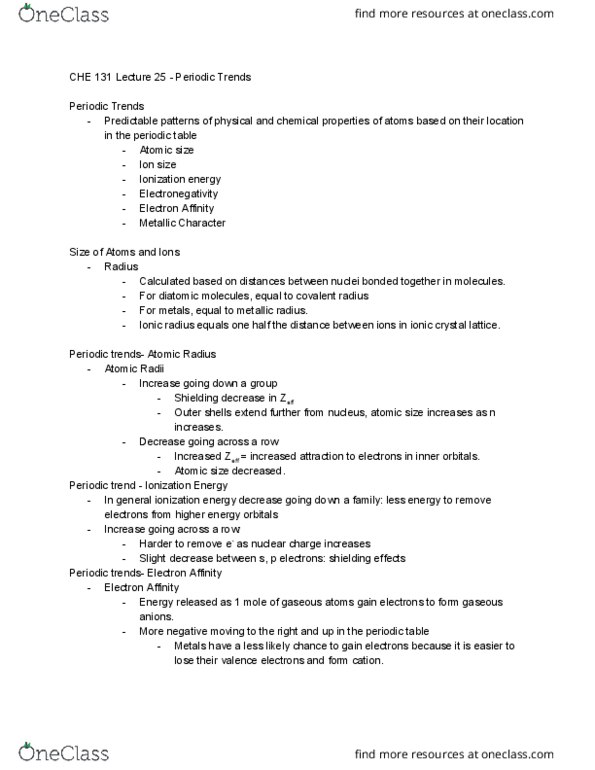 CHE 131 Lecture Notes - Lecture 25: Periodic Trends, Electron Configuration, Electron Affinity thumbnail