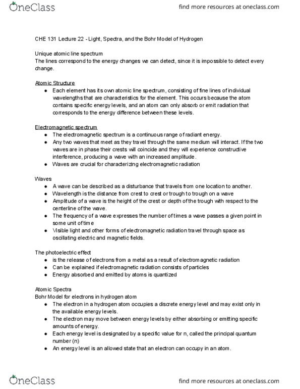CHE 131 Lecture Notes - Lecture 22: Radiant Energy, Bohr Model, Electromagnetic Spectrum thumbnail