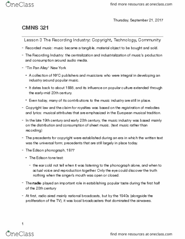 CMNS 321 Lecture Notes - Lecture 3: Spotify, Apple Music, Your Hit Parade thumbnail