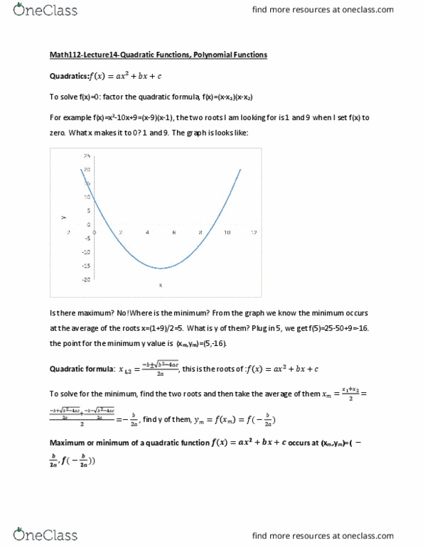 MATH 112 Lecture Notes - Lecture 14: Quadratic Function, Completing The Square, Quadratic Formula thumbnail