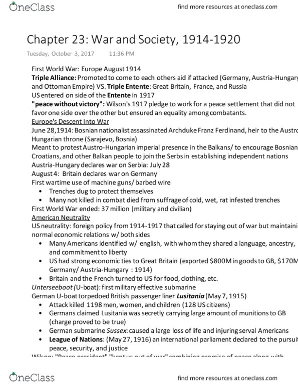 HIST 146 Chapter Notes - Chapter 23: Immigration Restriction Act 1901, Irreconcilables, Zimmermann Telegram thumbnail