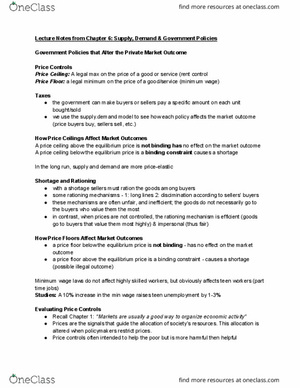 ECN 104 Lecture Notes - Lecture 6: Price Ceiling, Price Floor, Price Controls thumbnail