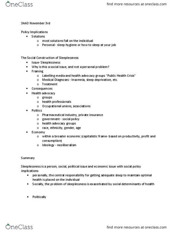 HLTHAGE 3AA3 Lecture Notes - Lecture 8: Sleep Deprivation, Sleep Hygiene, Medicalization thumbnail