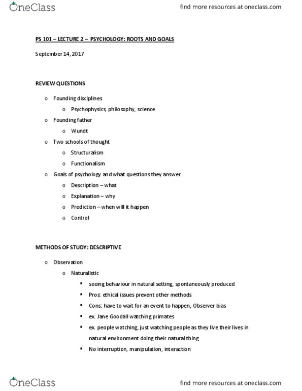 PS101 Lecture Notes - Lecture 2: Amygdala, Central Tendency, Jane Goodall thumbnail