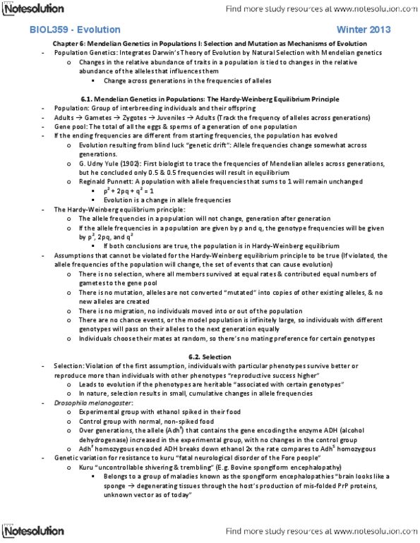 BIOL359 Chapter Notes - Chapter 6: Bovine Spongiform Encephalopathy, Udny Yule, Lethal Allele thumbnail