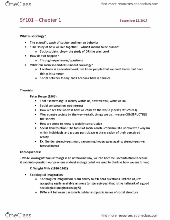 SY101 Lecture Notes - Lecture 2: Social Network, Gender Role, Social Constructionism thumbnail