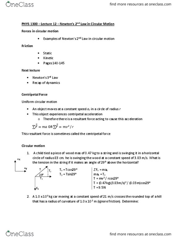 PHYS 1300 Lecture Notes - Lecture 12: Smax, Centripetal Force, Resultant Force thumbnail
