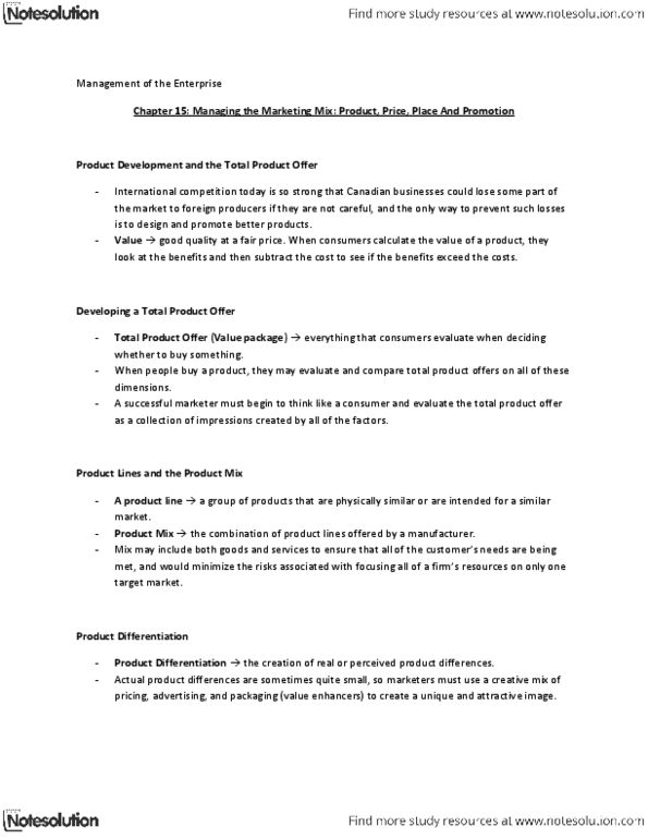 BUSI 1600U Chapter Notes - Chapter 15: Brand Equity, Psychological Pricing, Marketing Mix thumbnail