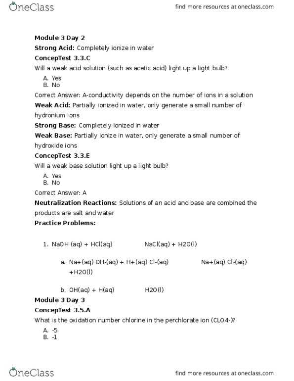 CHEM 103 Lecture Notes - Lecture 8: Weak Base, Oxidation State, Hydronium thumbnail