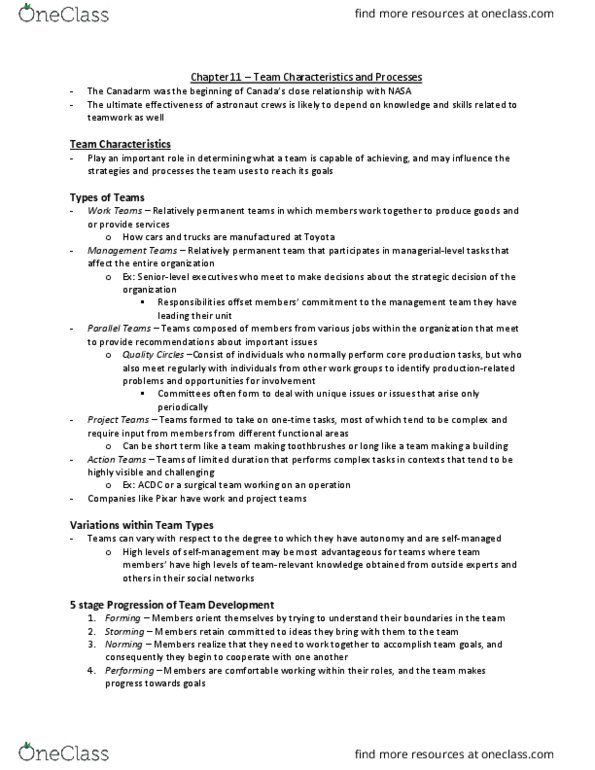 Management and Organizational Studies 2181A/B Chapter Notes - Chapter 11: Agreeableness, Pitch Shift, Production Blocking thumbnail